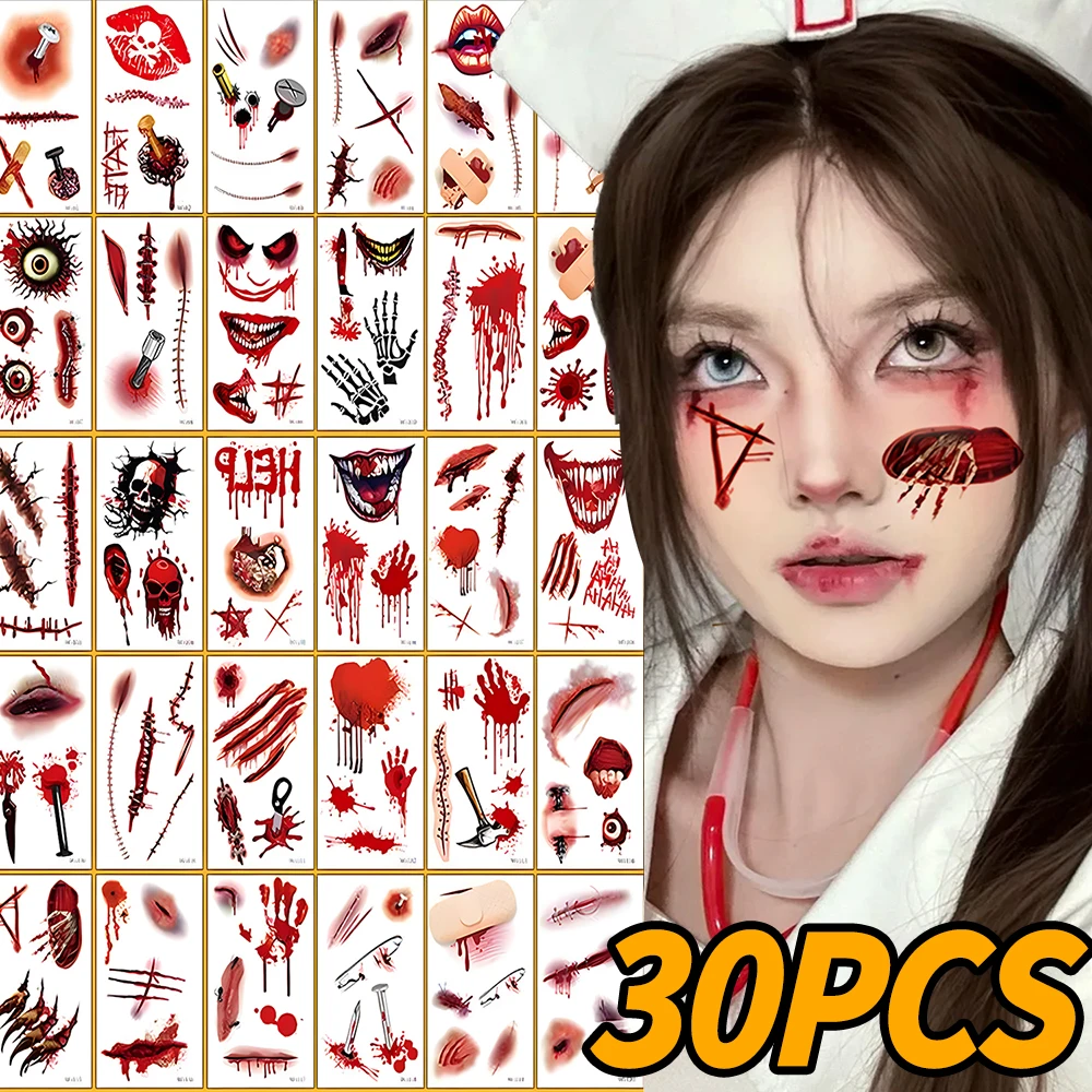 Halloween Tattoo Sticker Realistic Scar Bloody Wound Temporary Tattoos Waterproof Party Body Art for Kids Adults Cosplay Decals