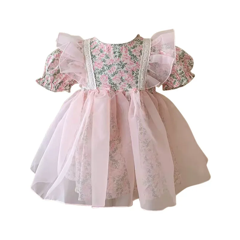 Summer  Girls' Floral Dresses Western Style Cute Puffy Skirts Lace Princess Dresses Puff Sleeve Skirts