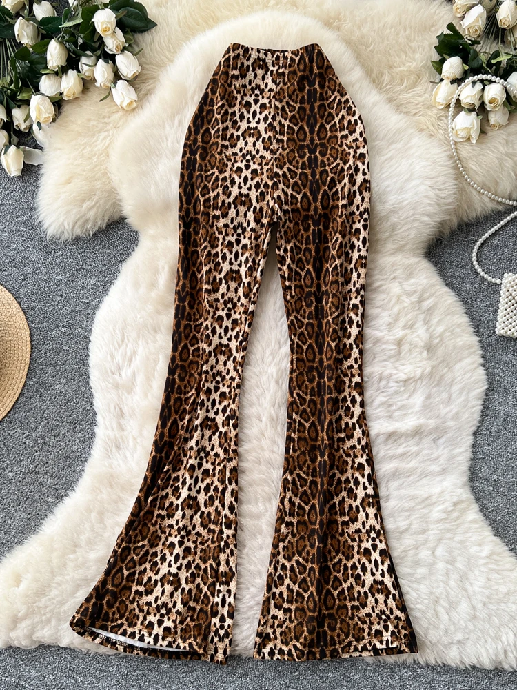 High Waist Leopard Print Bell Bottom Pants Women's Fashionable Slim Fit Summer Casual Style Commute Long Trousers