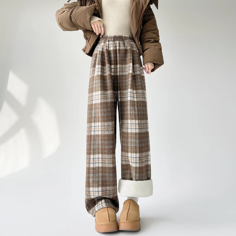 

New Winter Women Thicken Fleece Liner High Waist Long Pants High Quality Retro Plaid Wide Leg Woolen Pants Casual Slim Trousers