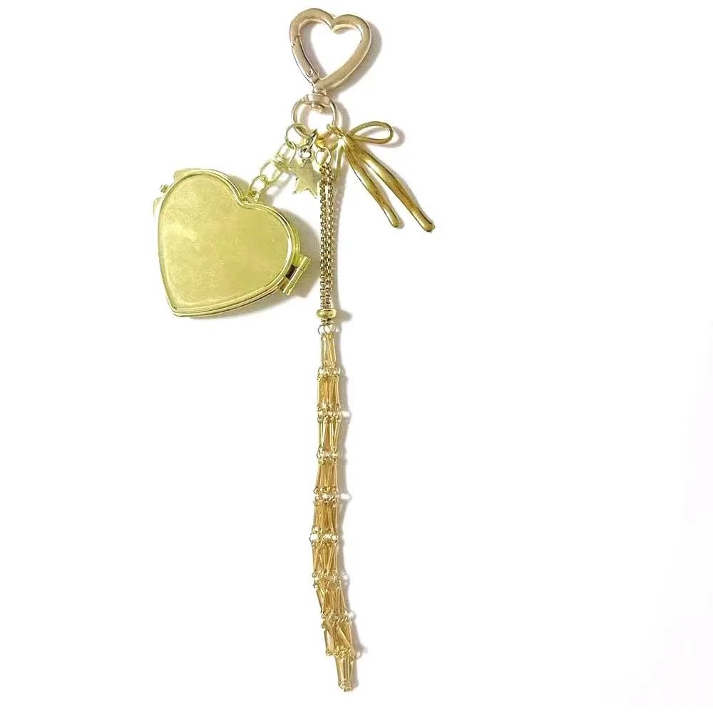Tragbarer Netz-Taschen-Schlüsselanhänger mit Lippenstift-Tasche und Spiegel, hohler Metall-Netztaschen-Schlüsselanhänger, golden, geringes Gewicht