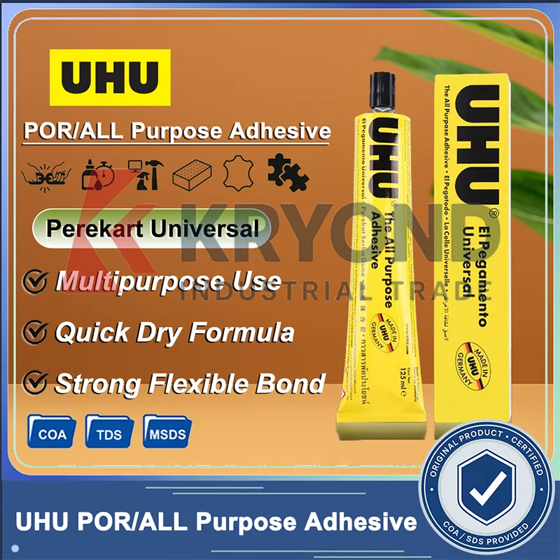 UHU POR مانع التسرب لجميع الأغراض 20 مللي 33 مللي 50 مللي 125 مللي سريع الجفاف مرن قوي السندات للإصلاح الرغوي والبلاستيك والخشب والجلد DIY