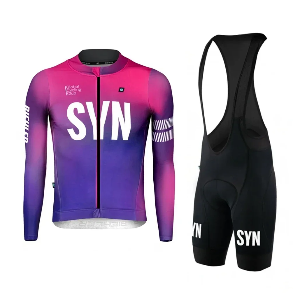 SYN-Colorful Long Sleeve Men's Cycling Apparel Close-fitting Road Cycling Race Jersey and Reflective Logo Bib Shorts Anti-UV Set