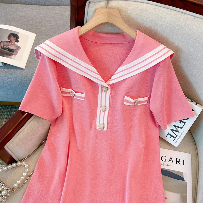 Stripe Knitted Dresses For Women Spring Summer Female Navy Collar Short Sleeve Large Size ​Elegant Mid-length Black Pink Vestido