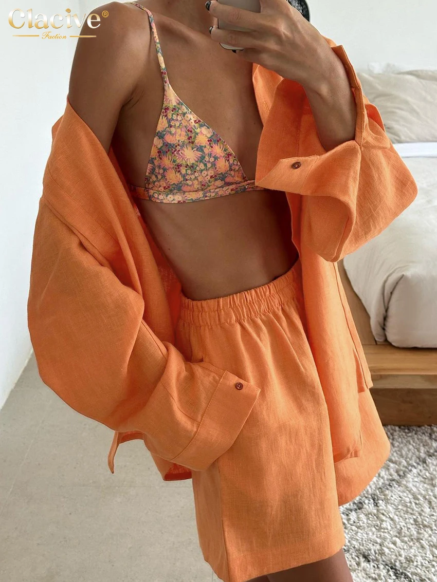 Clacive Casual Loose Orange Cotton 2 Piece Set Women Outfit 2024 Elegant Long Sleeve Shirt With High Waist Shorts Set Streetwear