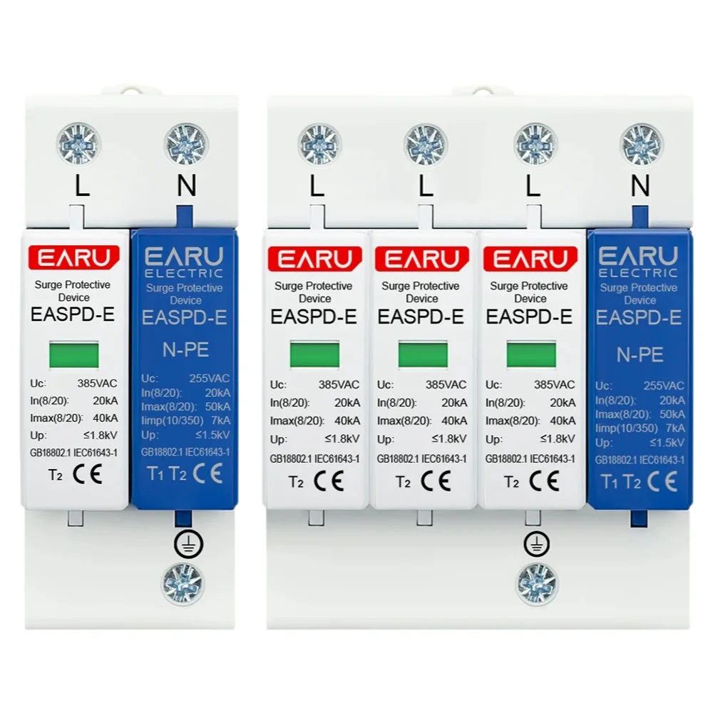 AC SPD 1P + NPE 3P + NPE 50KA T1 T2 385V 275V Casa Protetor contra surtos de relâmpago Dispositivo