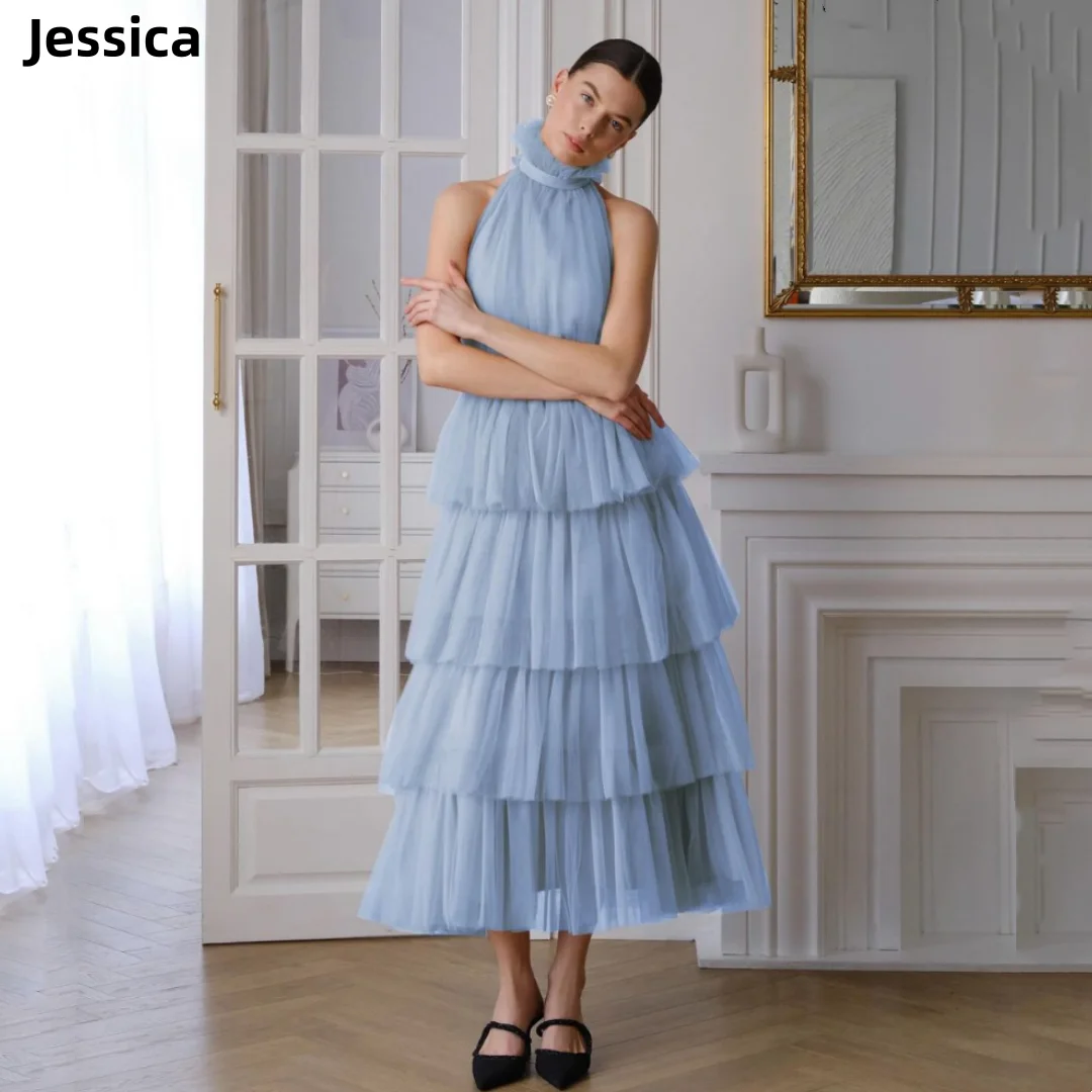 

Jessica Sky Blue Prom Dresses Tulle High Collar Layered Princess Evening Dresses A-Shape Wedding Party Dress Robes De Soirée