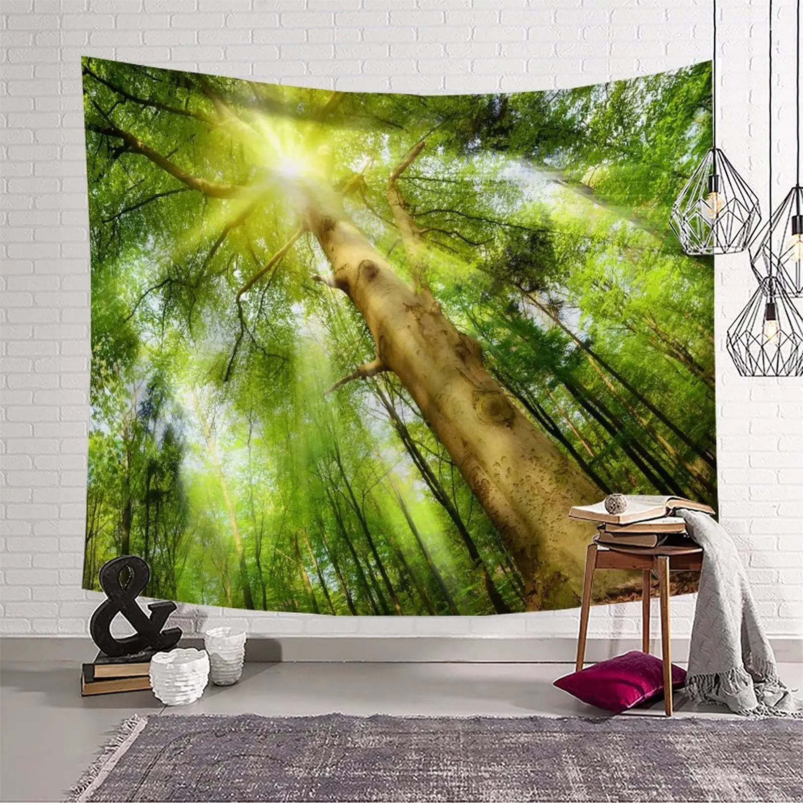 Forest Tapestry Morning Sun Rays Through Trees Summertime Countryside Scenic Wall Hanging for Bedroom Living Room Dorm Decor