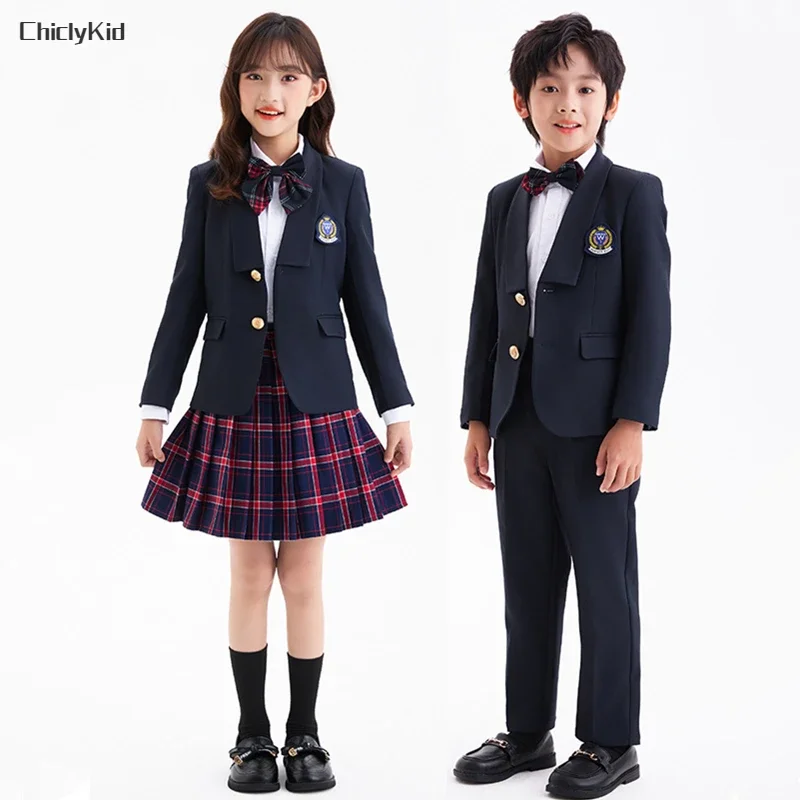 Children School Uniform Girls Japanese British Jacket Plaid Skirts Pants Boys Formal Dress Blazers Suits Kids Clothes Class Sets