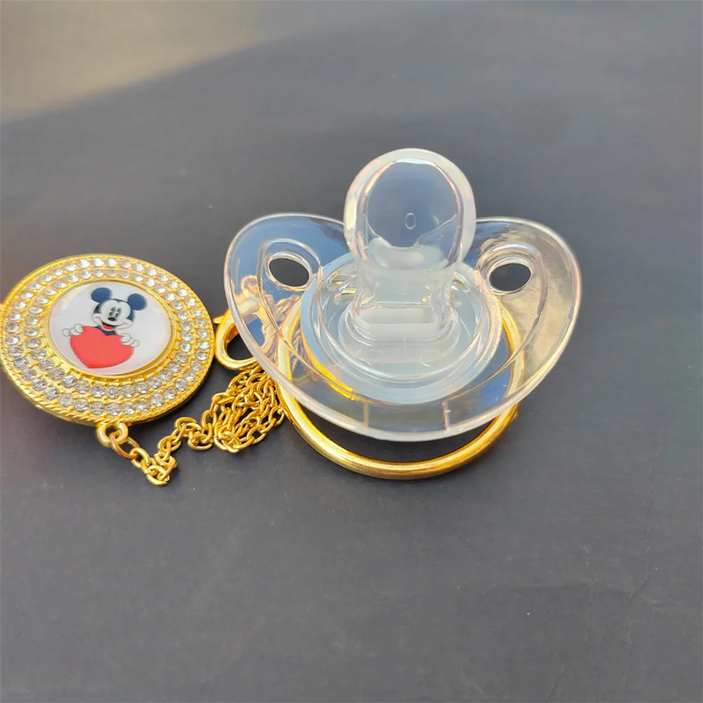 Disney Gold Bling Pacifier and Double Circle Rhinestones Holder Chains Mickey Mouse Print Chupeteors for Babies Boys Girls Gifts