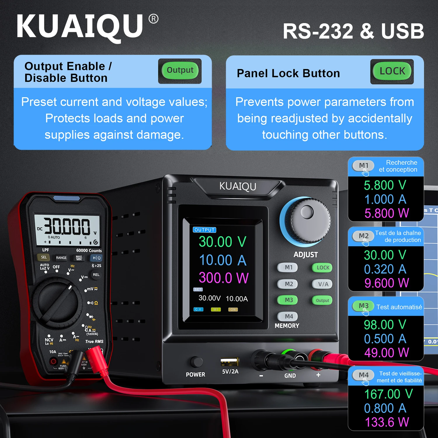 KUAIQU 30V10A Programmierbares DC-Labornetzteil mit 4 Speichereinstellungen, USB-Computersoftware, Reguliertes Tischnetzteil