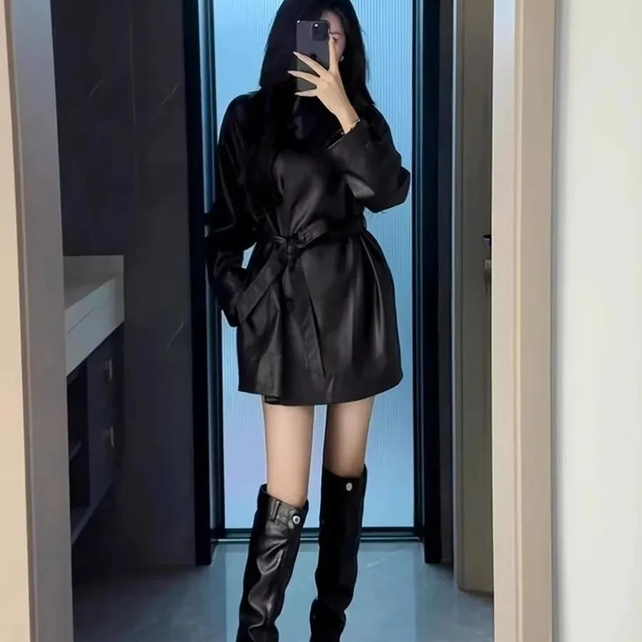 고급 레트로 2025 가죽 재킷 루즈핏 및 허리 조임 스타일 신상 중장기 패션 캐주얼 윈드브레이커 재킷