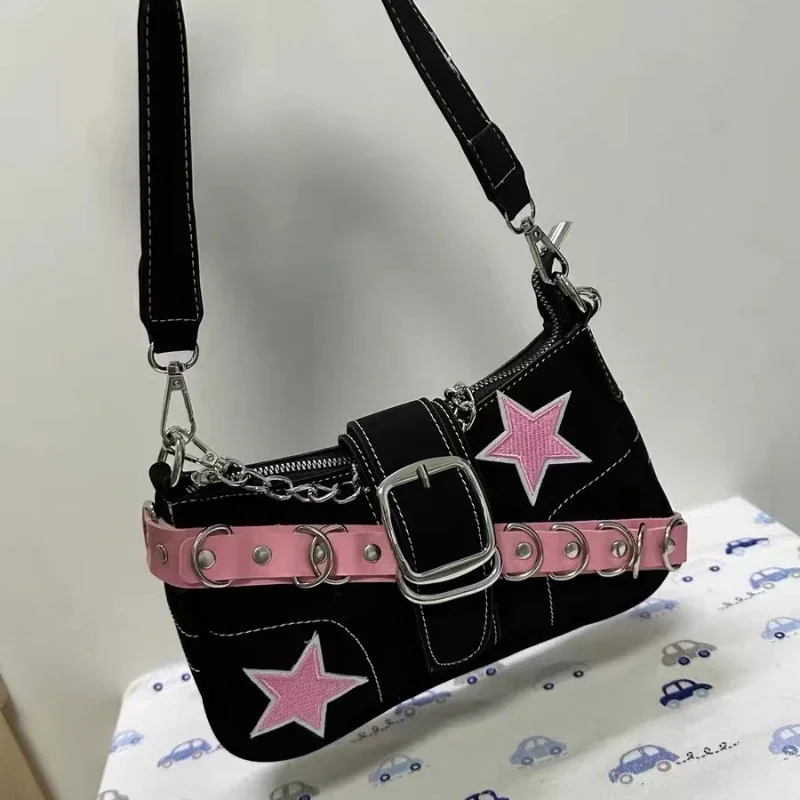 Star Pattern Y2K Hot Girl Chain Shoulder Bags for Women Black Pink 