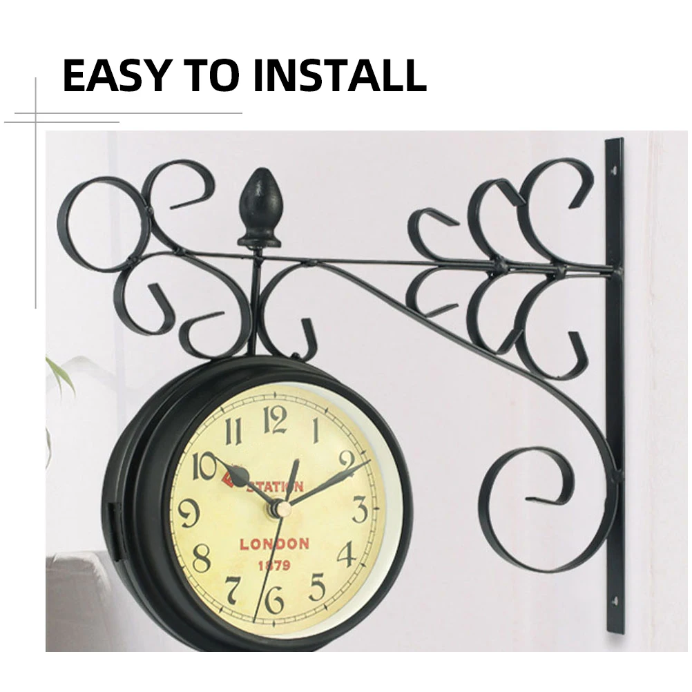 

Wall Hanging Clock Retro Style Decorative Ironwork Clock Double Side Glass Face Silent Operation for Home Office Bar Pub