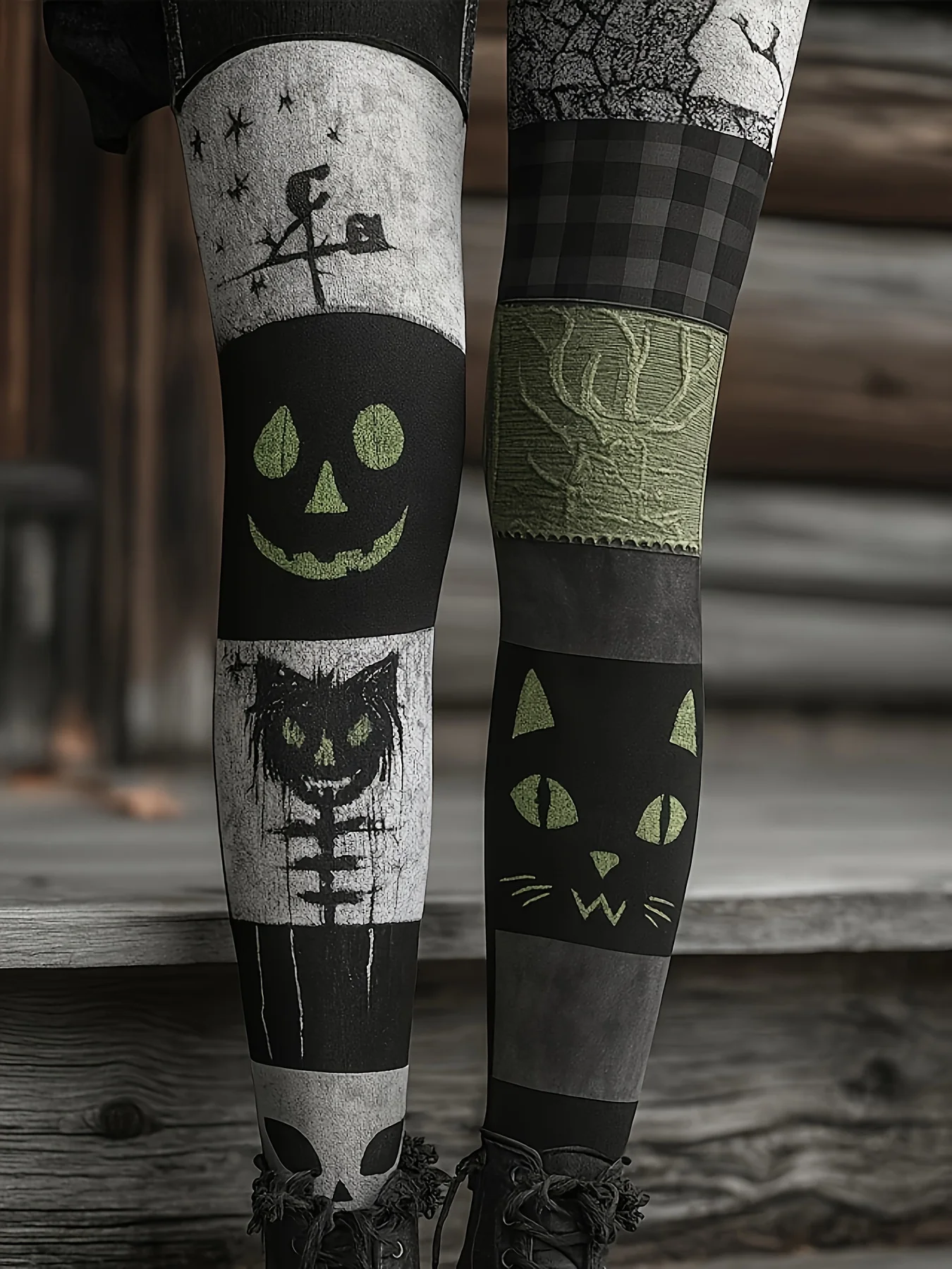 Women's Mid‑Rise Fleece Lined Leggings Halloween Pumpkin Cat Patchwork Print Stretch Warm Ladies Casual Pants