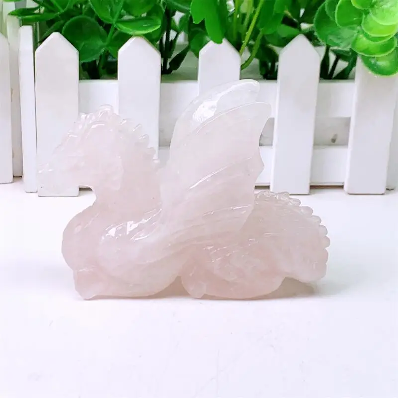 9.5CM Natural Rose Quartz Fly Dragon Carving Healing Crystal Reiki Carved Stones Gift Room Decoration Gift 1pcs