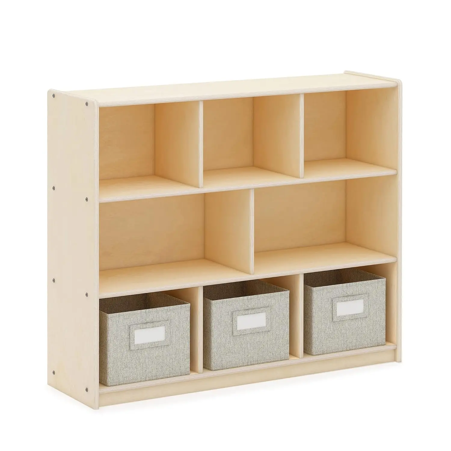 

EdQ Three Shelf Compartment Storage Natural with 3 Fabric Bins: Wood Bookshelf and Toy Organizer for Kids, Storage, Customized
