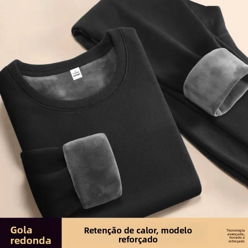 Conjunto de roupa íntima quente de lã espessa para homens, gola redonda, calças e camisa de manga comprida, camada base térmi...