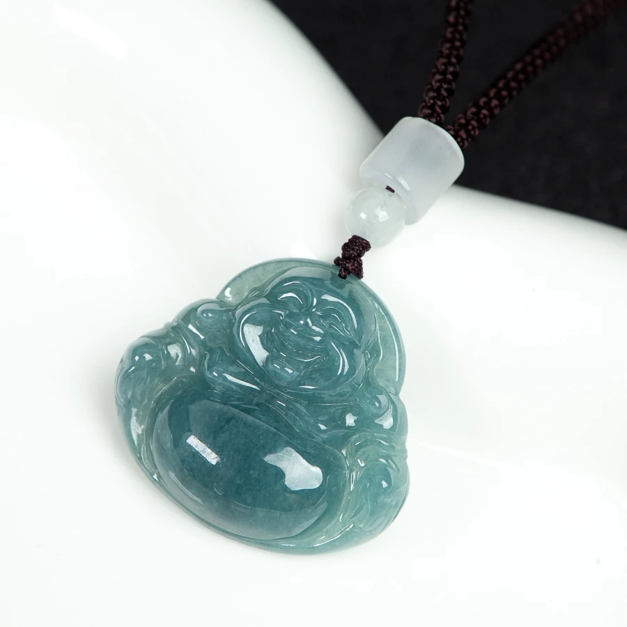 

TIMESWIND Blue Natural A-type Jade Laughing Buddha Ice Sense Pendant Men Necklace with Certificate
