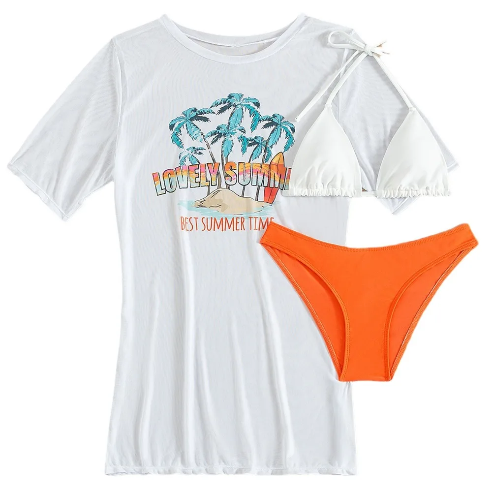 3 Piece Women Bikinis Set Oversized Beach Cover Up T-Shirt  Sleeve Lovely Palm Tree Print Beachwear Vacation Summer Swimsuit
