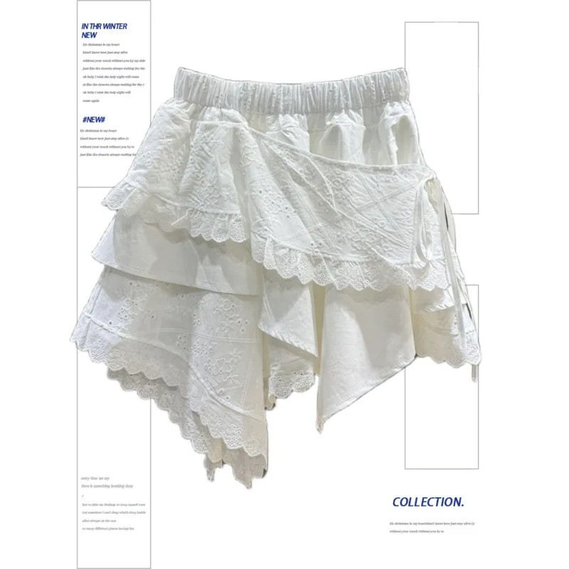 صيف 2025 الأبيض غير المتكافئة تنورة دانتيل المرأة عادية الحلو عالية الخصر ألف خط تنورة صغيرة أنيقة موضة الأزهار كعكة تنورة جديد #1