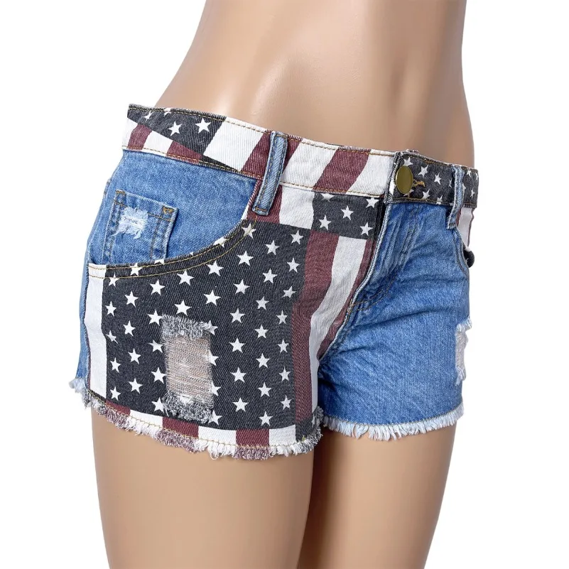 

American Flag Print Low-Rise Denim Shorts Women Sexy Ripped Hot Pants Summer Beachwear Casual Street Style Jean Trousers DURIKIE