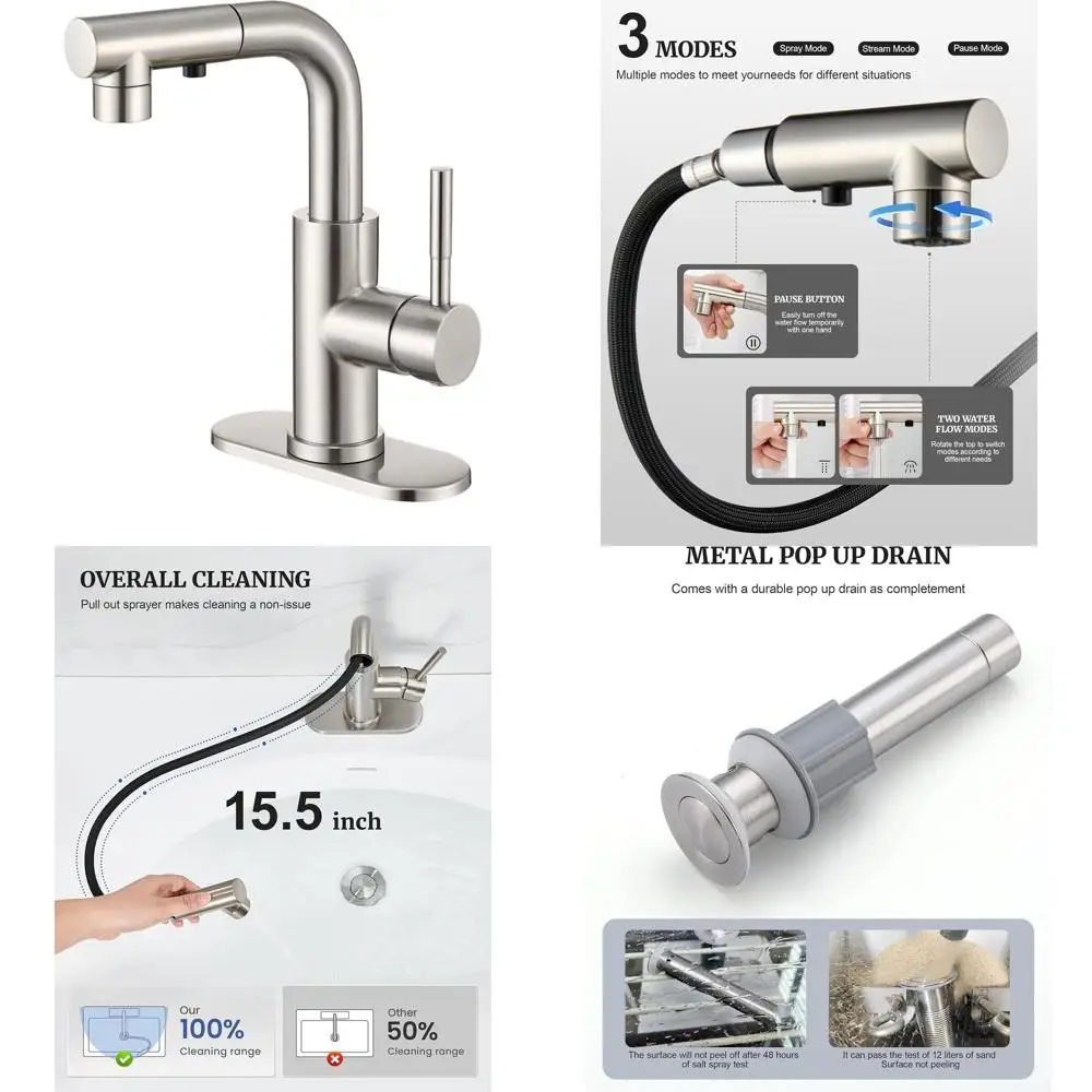 

Современный смеситель для ванной комнаты с одной ручкой и выдвижным распылителем, шланг 15,5, 360° ° Поворотный, выдвижной слив, нержавеющая сталь, крепление с 1 отверстием