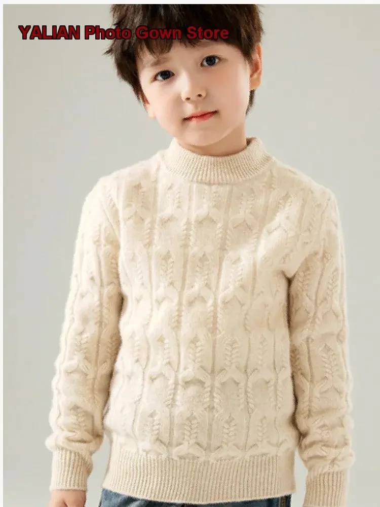 Kids Pure Wool Sweater Boys Girls Autumn Winter Cable Knit Round Neck Thickened Pullover