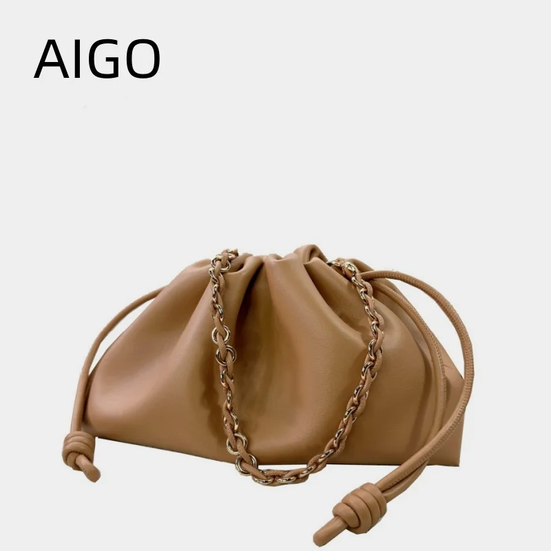 

AIGO Designer Leather Shoulder Bags For Women Chain Handbag Bucket Crossbody Bag Fashion Luxury Brand Drawstring Tote Clutches