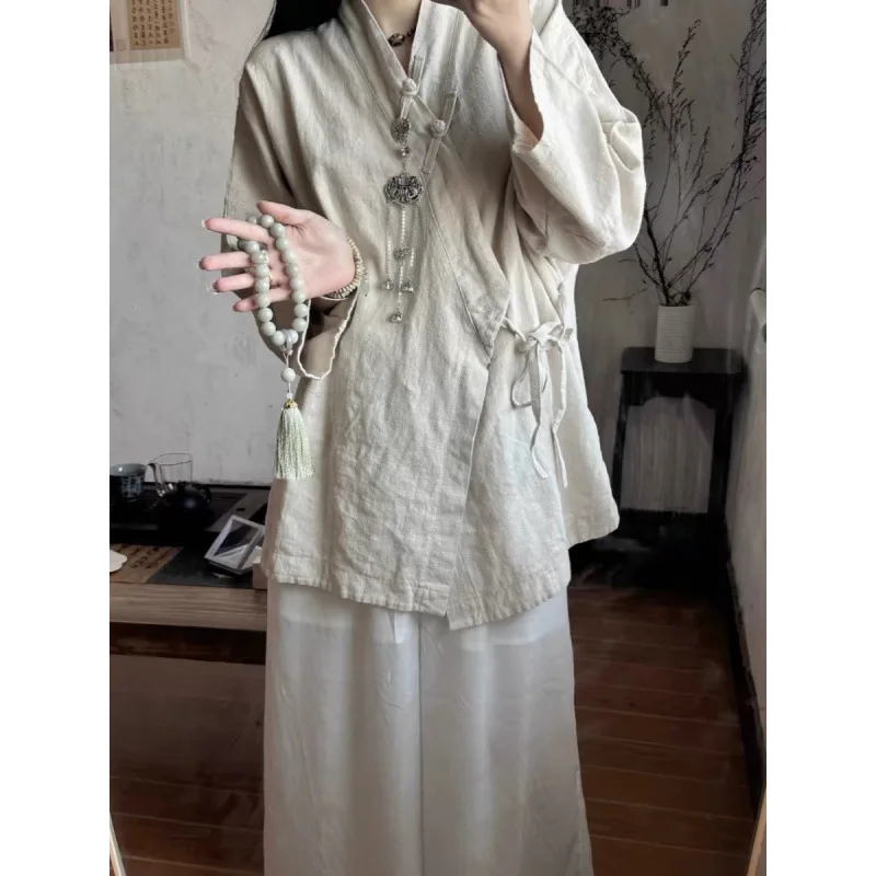 2026 Spring Summer Cotton and Linen New Chinese Zen Tea Clothes Lace-up Tops National Style Mid-length Shirts