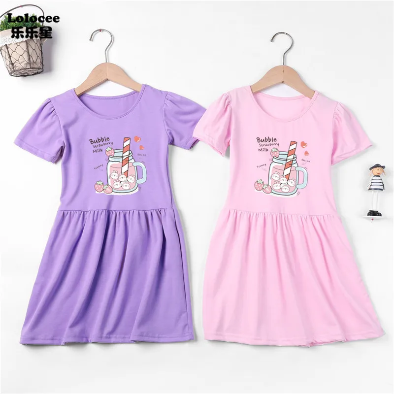 3-14Y Teens Girls Strawberry Juice Dresses Casual Summer Children Clothing Princess Kids Dresses for Girls Causal Wear Dress