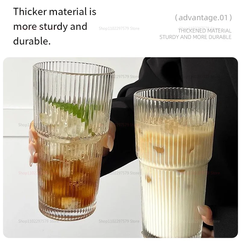 كوب مشروبات باردة بسعة كبيرة، كوب شاي بالحليب، قش مع غطاء زجاجي مخطط عموديًا، كوب قهوة للمكتب المنزلي #6