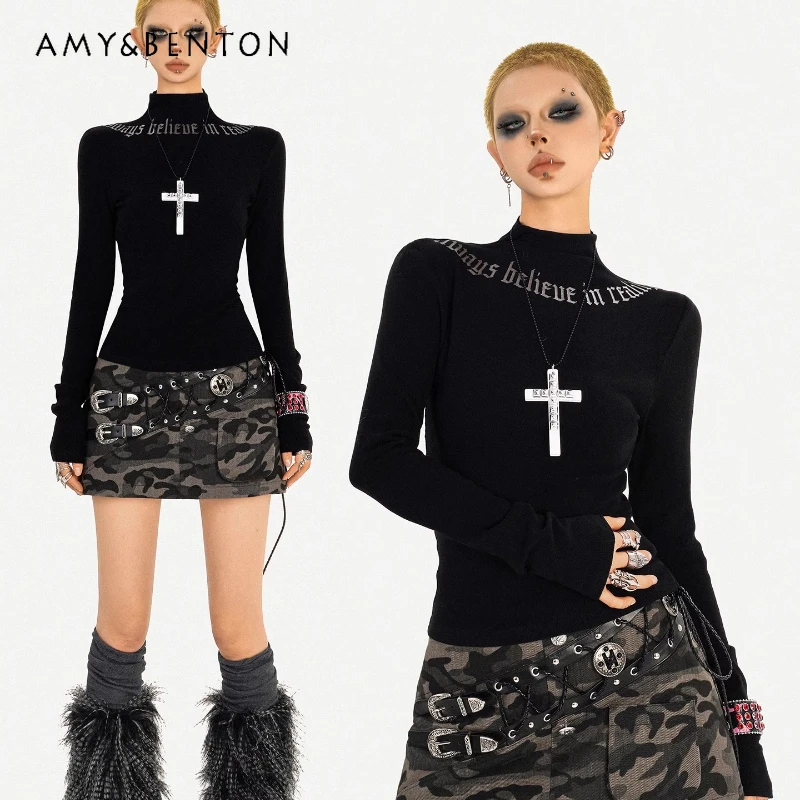 الأمريكية التخسيس الجولة الرقبة طويلة الأكمام المرأة تي شيرت 2025 الخريف الوقوف طوق إلكتروني تصميم تنوعا قاع قميص السيدات