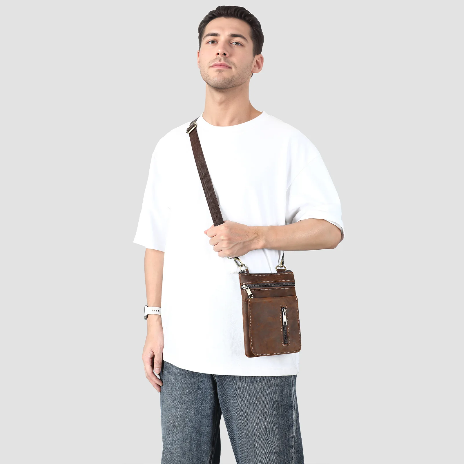 Crazy horse leather high-end single-shoulder bag, retro multi-pocket vertical square simple travel crossbody bag