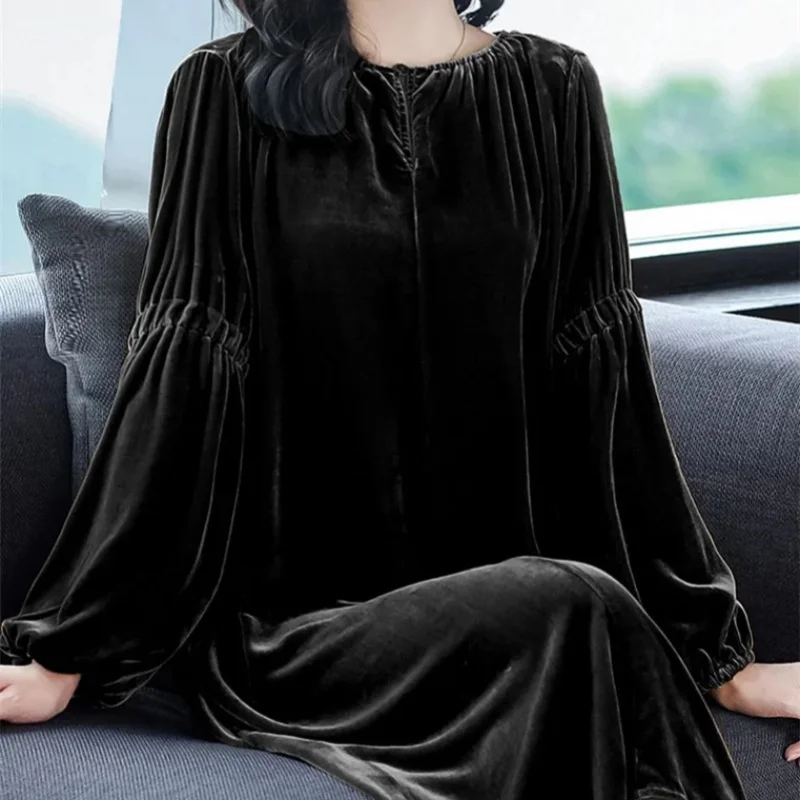 Elegancka sukienka na imprezę 2026, wiosenna sukienka vintage z weluru z bufiastymi rękawami, jesienne aksamitne sukienki Vestidos, szykowne sukienki dla kobiet. — zdjęcie 3