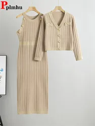 Robe en Tricot à Col Rond et Manches sulfpour Femme, Cardigan Court, Tenue en Y, Élégant, Slim, 2 Pièces