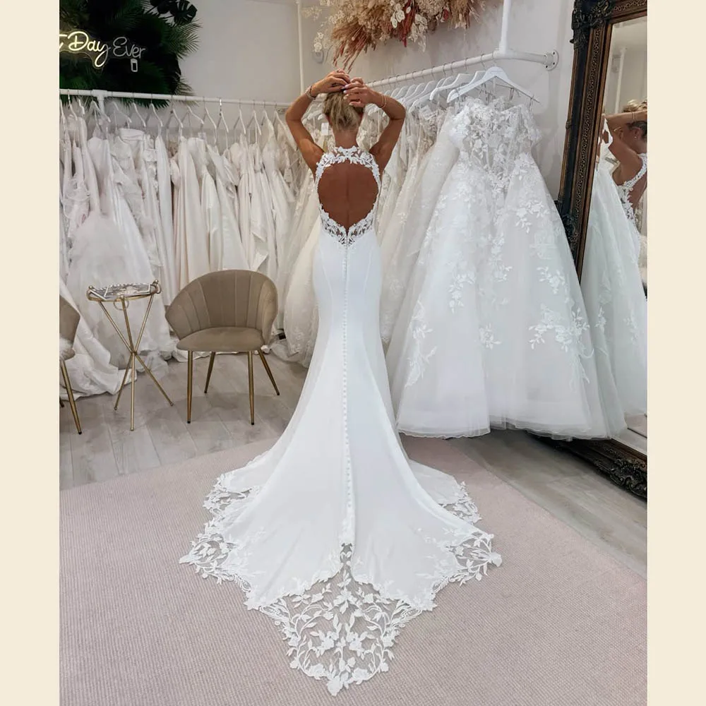 

Msikoods White Mermaid Wedding Dresses O Neck Lace Appliques Backless Luxury Bridal Dress Long Train Bride Dress Customized