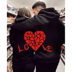 Love Heart Printed Couple Hoodies Set Women Men Sweatshirt Lovers Couples Hooded Hoodies Casual Pullovers Valentine Day Gift