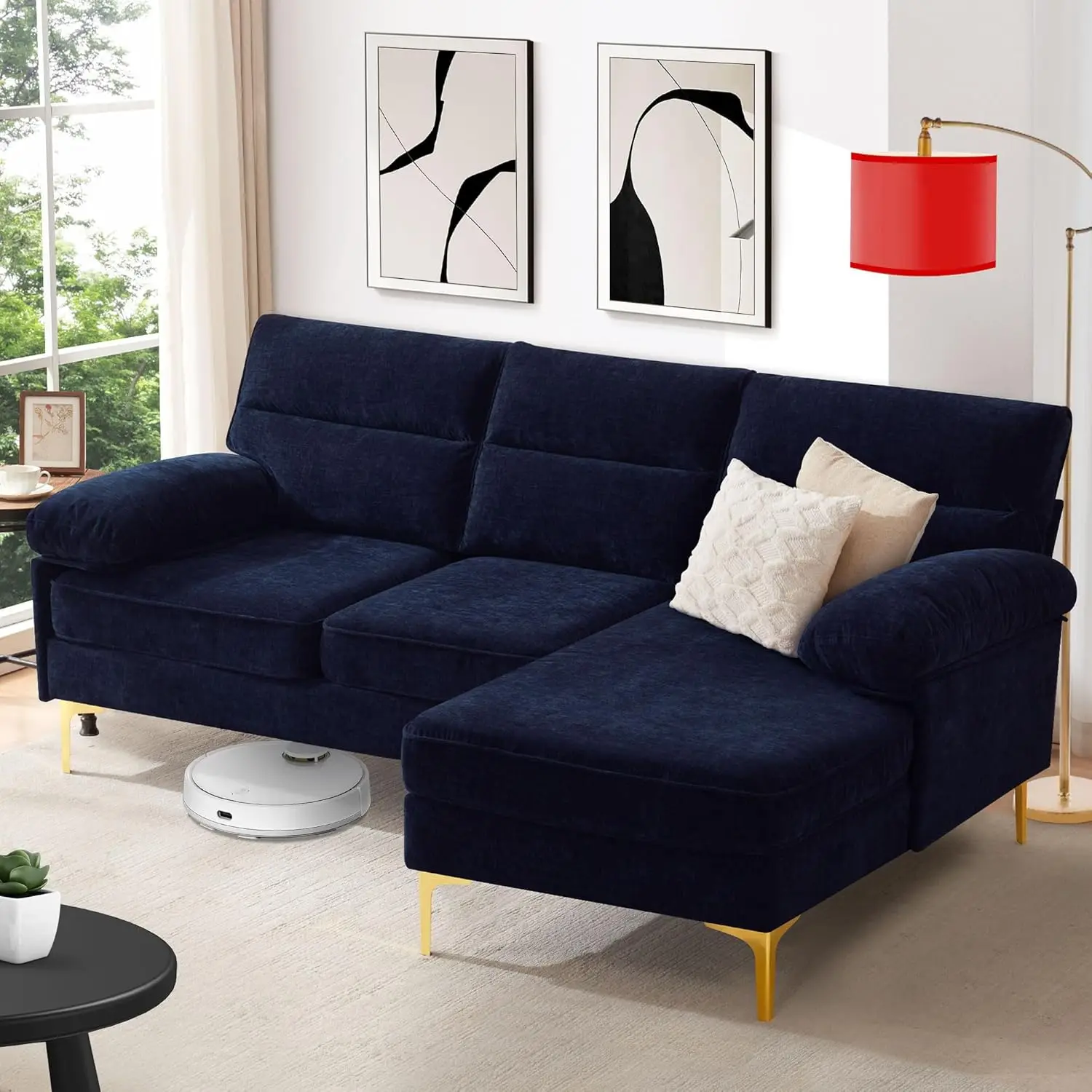 Living room 85 inch sofa, L-shaped convertible 3-seat comfortable sofa with fluffy armrests (dark blue)