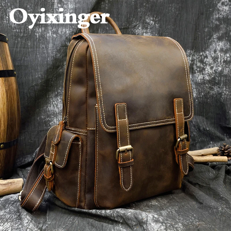 OYIXINGER Vintage Men's Leather Backpack Retro Female Large Capacity Travel Bags For Man Woman Casual Portable Shoulder Bag New