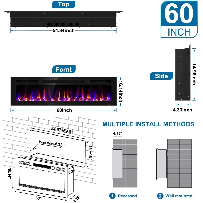 Chimenea eléctrica empotrable y montada en la pared de 60 pulgadas, calentador de chimenea y chimenea lineal, chimenea eléctrica ultrafina