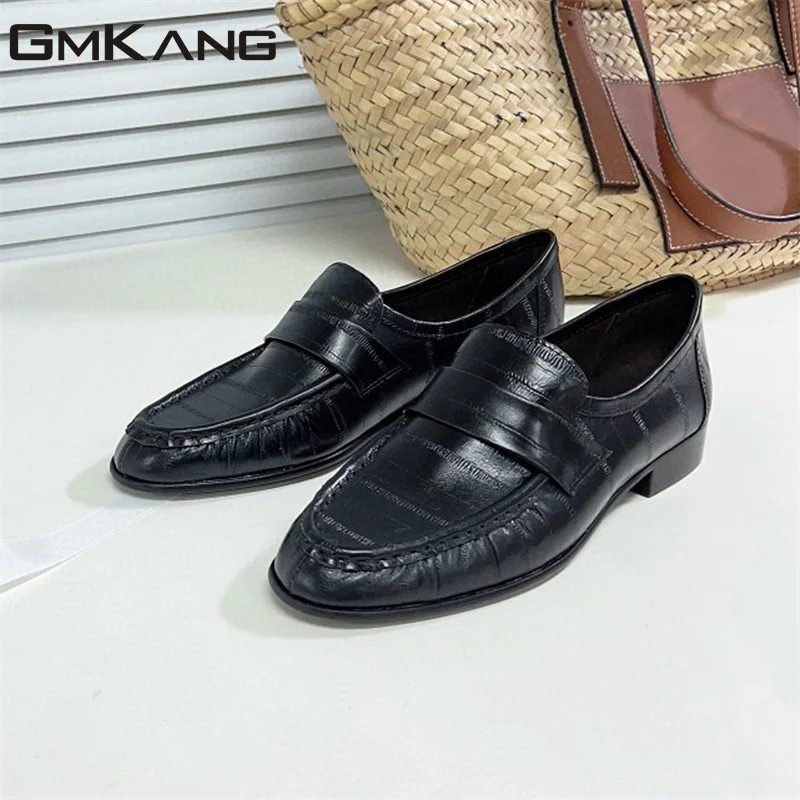 

High Quality Loafers Women Genuine Leather Black Apricot Gold Flat Shoes Femlae Round Toe Casual Walk Shoes Woman Zapatos Mujer