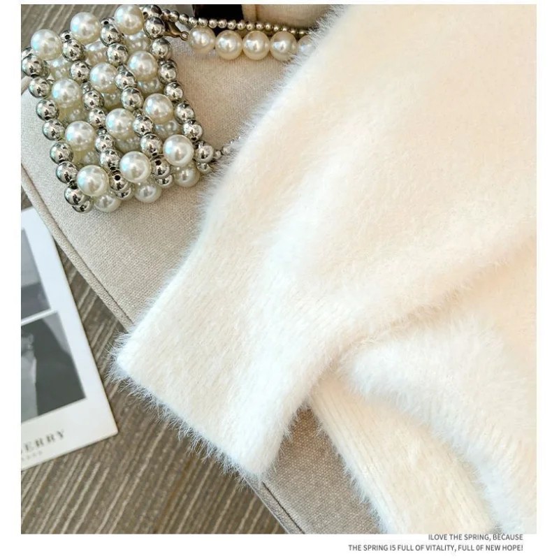 Damestrui Herfst en winter V-hals Gebreid nertsfluweel Dames verdikte losse top met lange mouwen