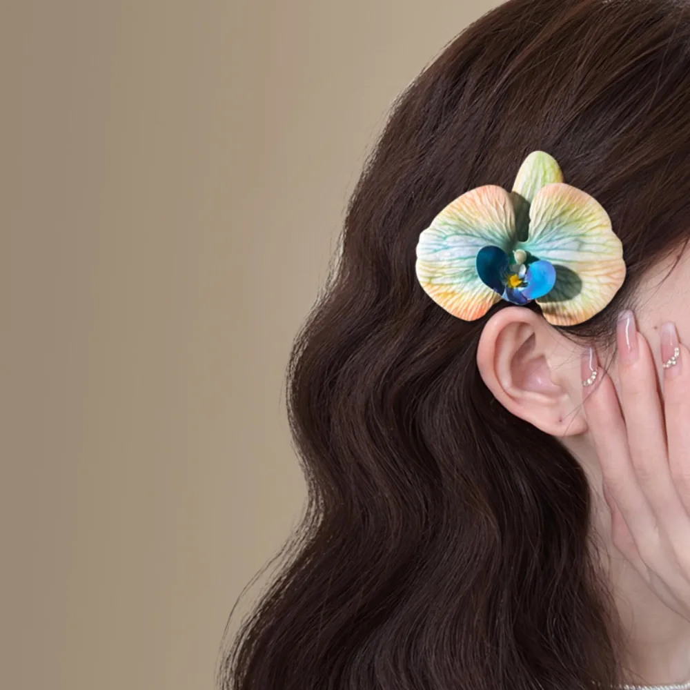 

Sweet Orchid Flower Hairpin Thai Style Bohemian Style Butterfly Orchid Hair Clip Plush Ball Rhinestone Women Side Clip Gifts