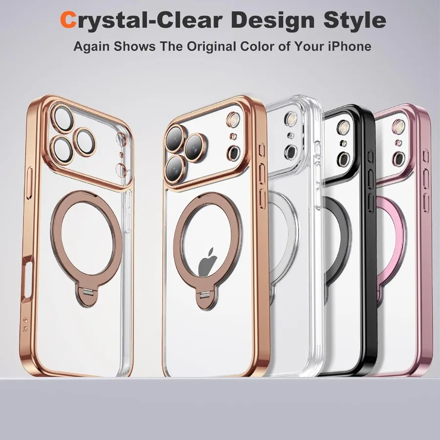 360도 회전 마그네틱 링 스탠드 아이폰 17 프로 케이스 호환 마그세이프 지원 풀 카메라 렌즈 보호 투명 보호 케이스