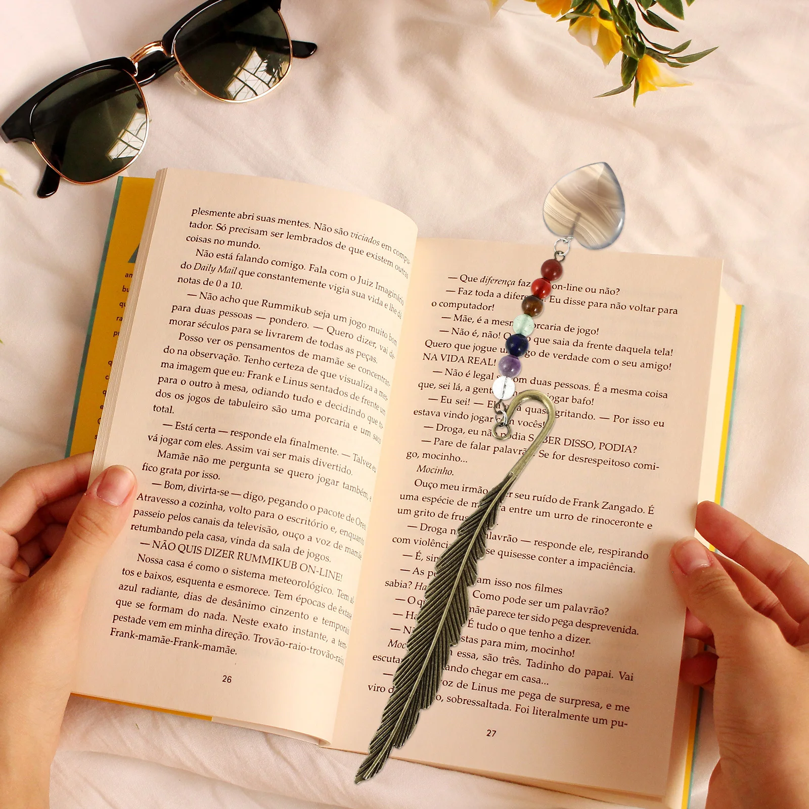 

Natural Stone Grey Agate Bookmark Metal Plume Shape Decorative Page-Marker Elegant Book Marker for Study Reading