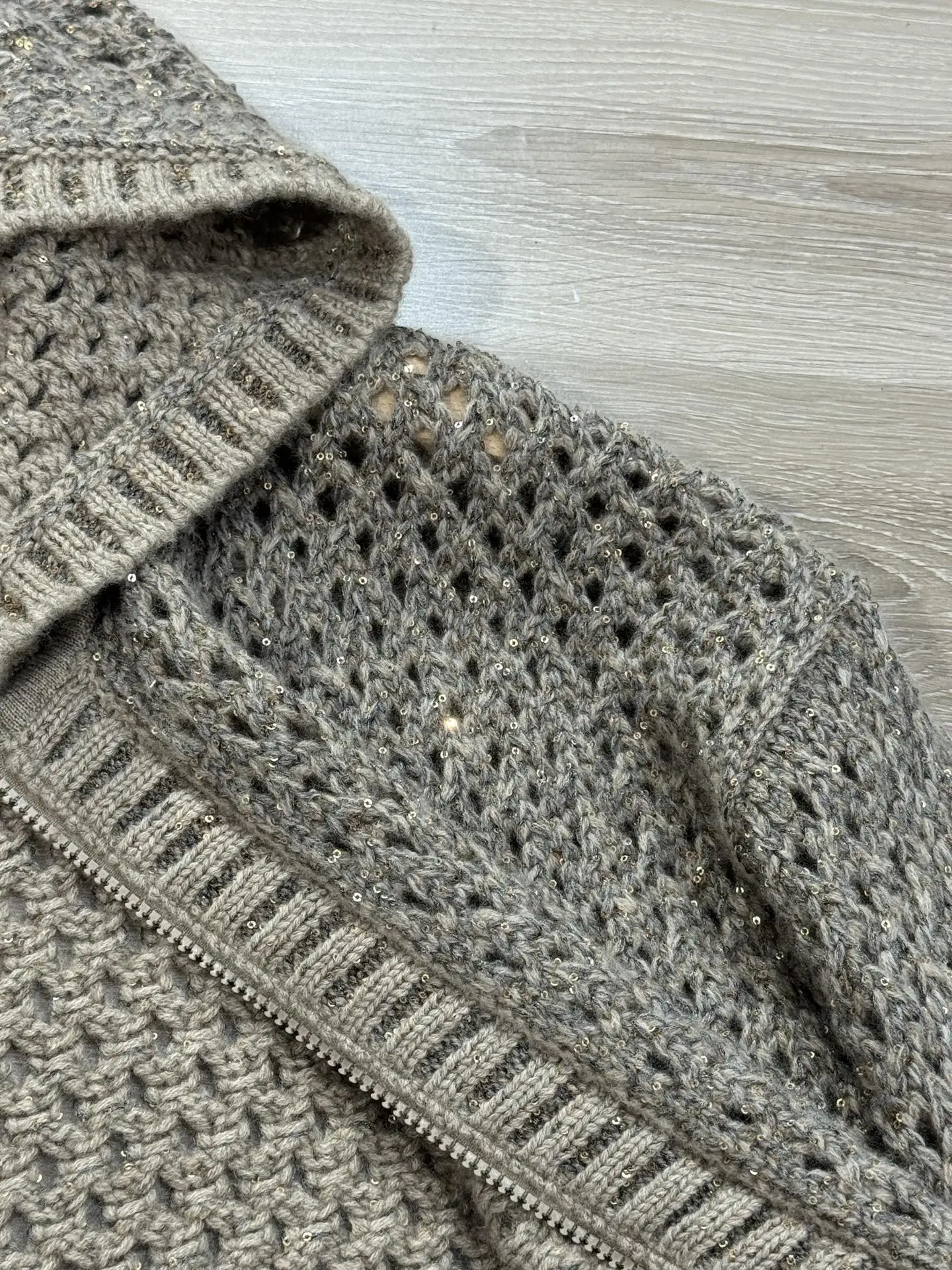 25 초가을 새로운 중공 후드 스팽글 지퍼 캐시미어 니트 카디건 세련되고 다양한 캐주얼 재킷