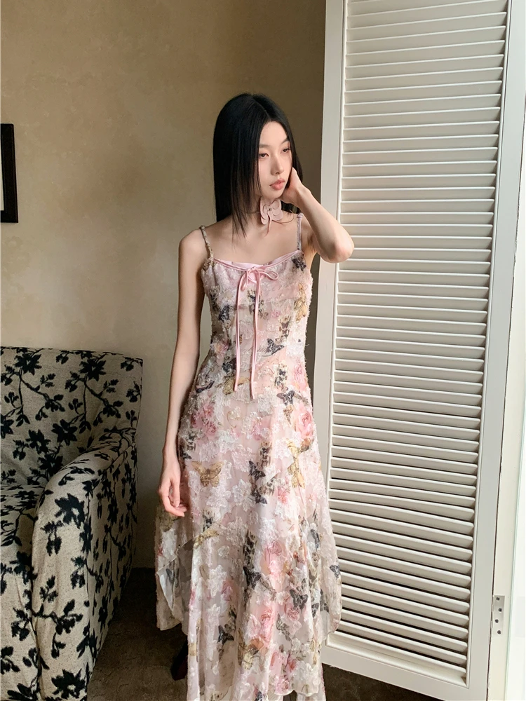 CHEERART ผีเสื้อดอกไม้สีชมพู Sheer Slip Dress 2025 ผู้หญิงฤดูร้อน Designer Sundress Tunics ไม่สมมาตร Midi ชุดเสื้อผ้า