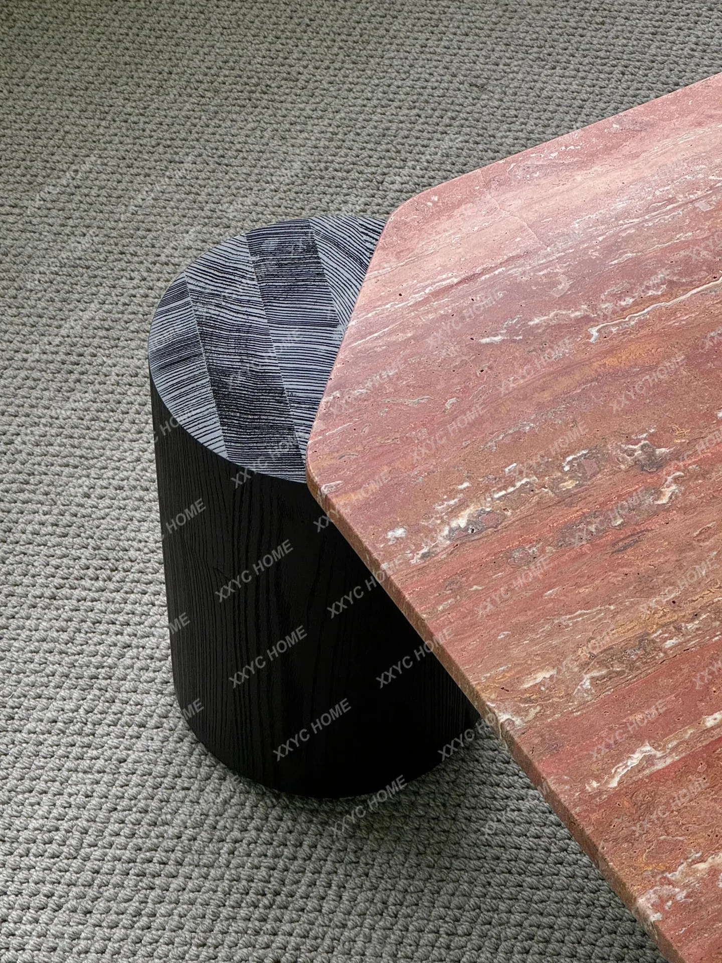 Vintage-inspired natural red travertine coffee table - solid wood, wabi-sabi style, minimalist low table with a touch of luxury