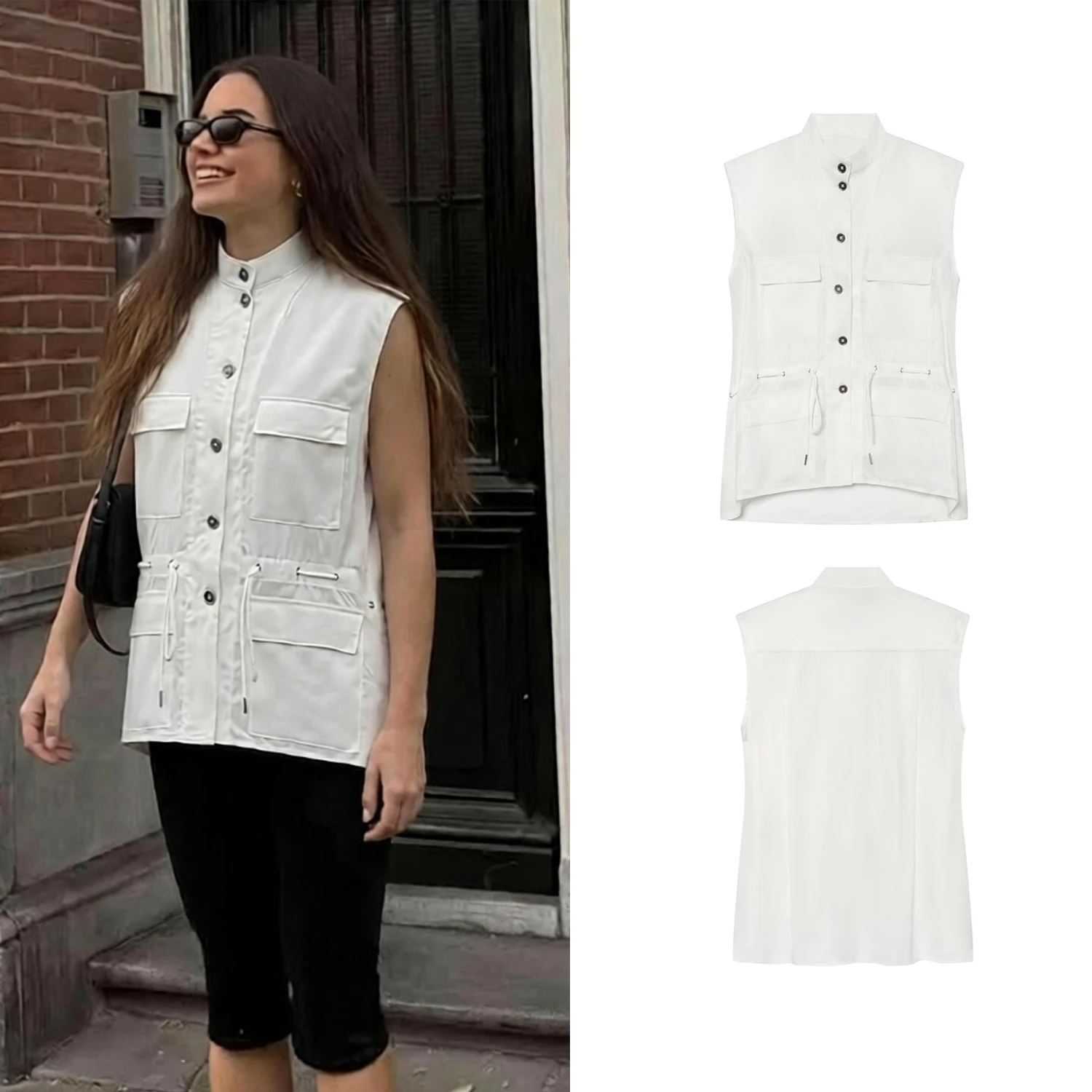 Women Pockets Waist Drawstring Vest Summer Female Sleeveless Stand Collar Multi-Pocket Single Breasted Shirt Waistcoat